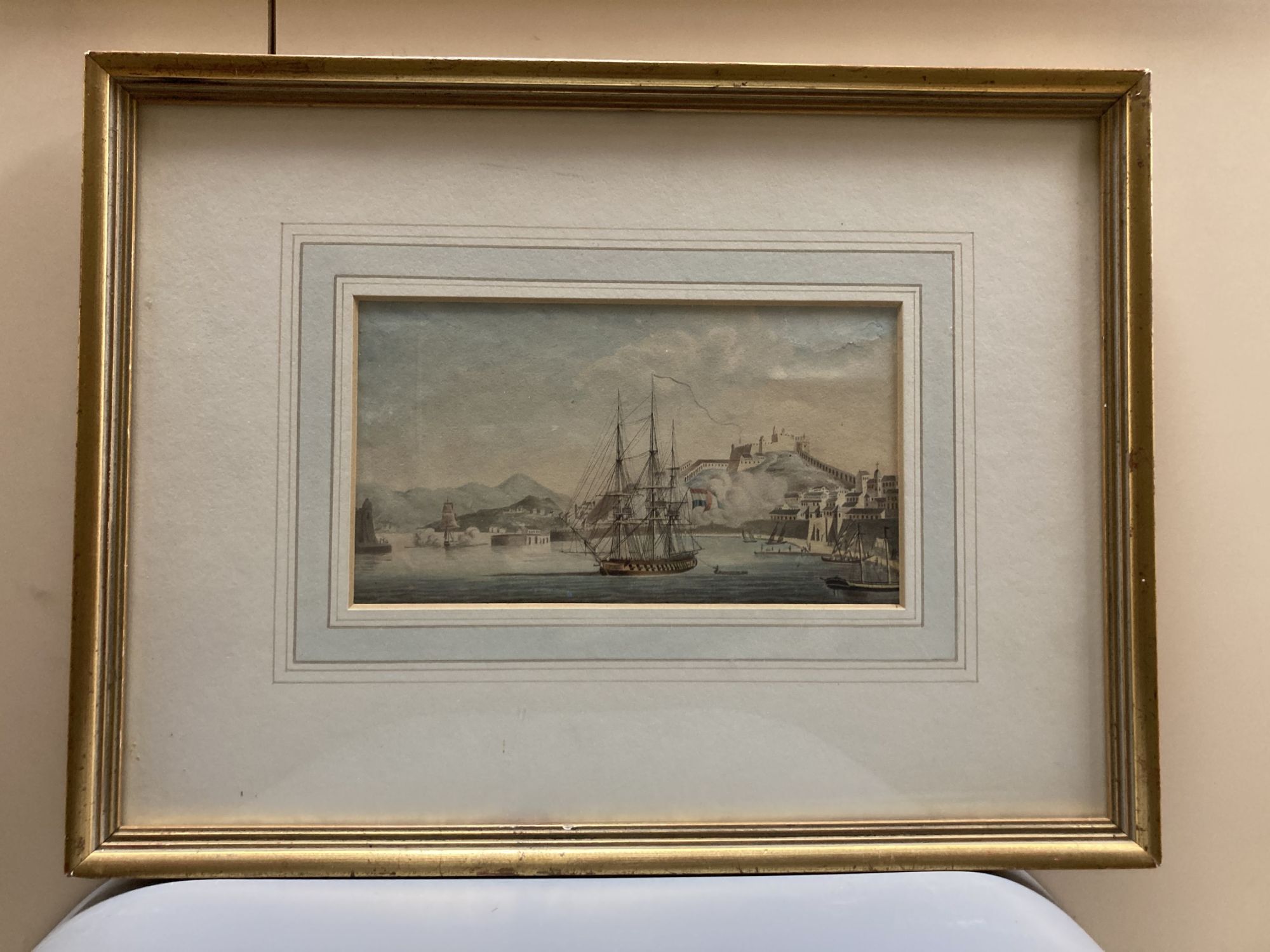 Attributed to Thomas Lyde Hornbrook (1780-1855), watercolour, Warship in Elba harbour, 11 x 20cm